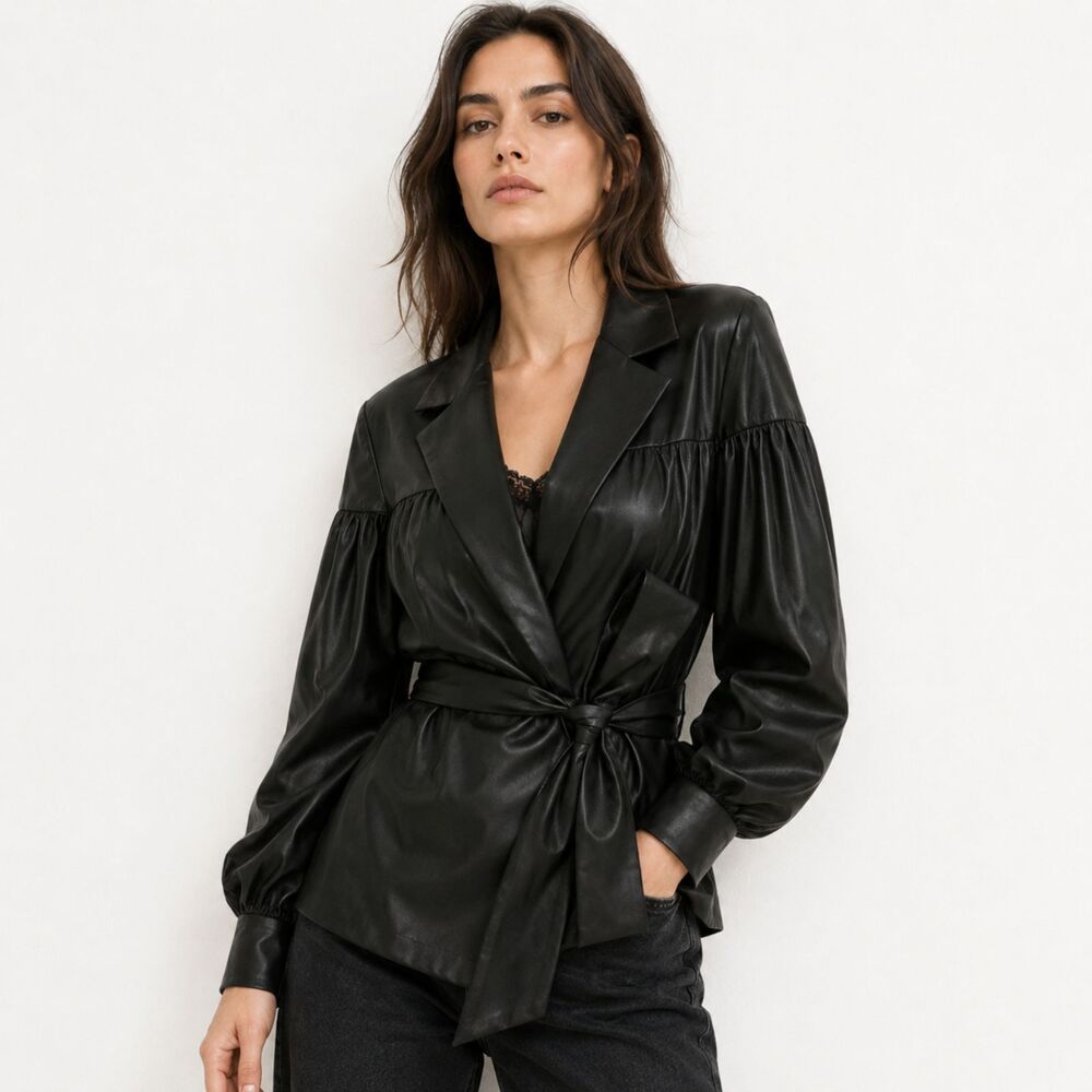 Gold Hawk NEW Black Faux Leather Wrap Blazer Belted Balloon Sleeve Jacket M Goth